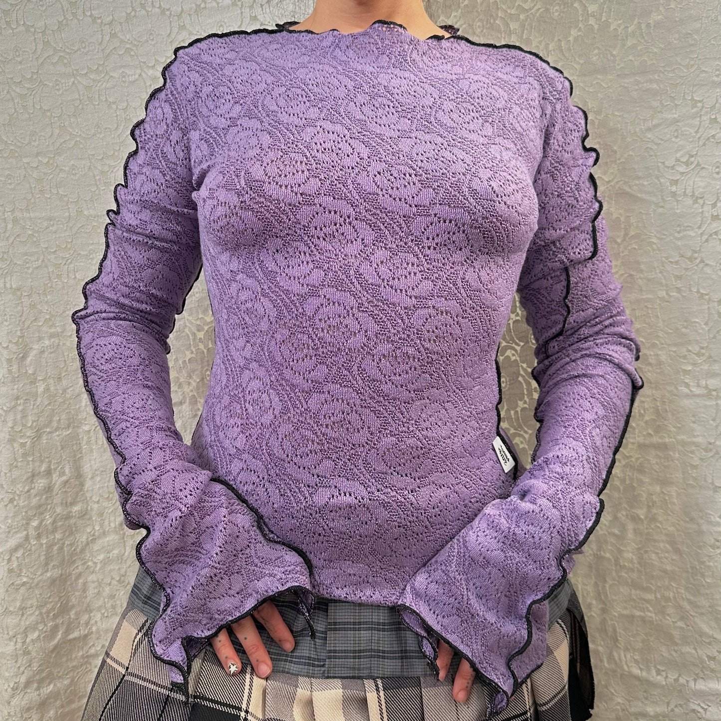 Elongated Lavender Cotton Lace Long Sleeve Top Sz S-M